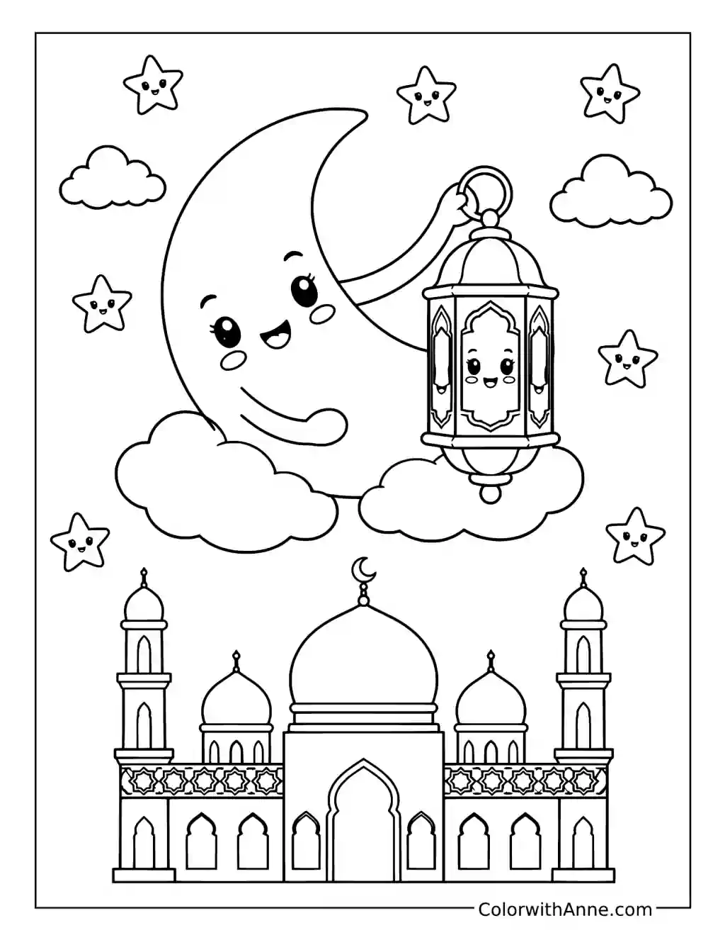 Cute Crescent Moon and Lantern coloring page