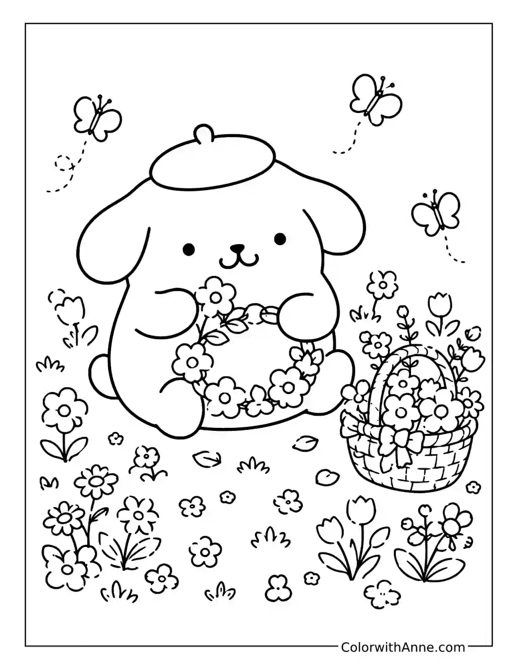 Cute Dog Crafting a Flower Crown coloring page