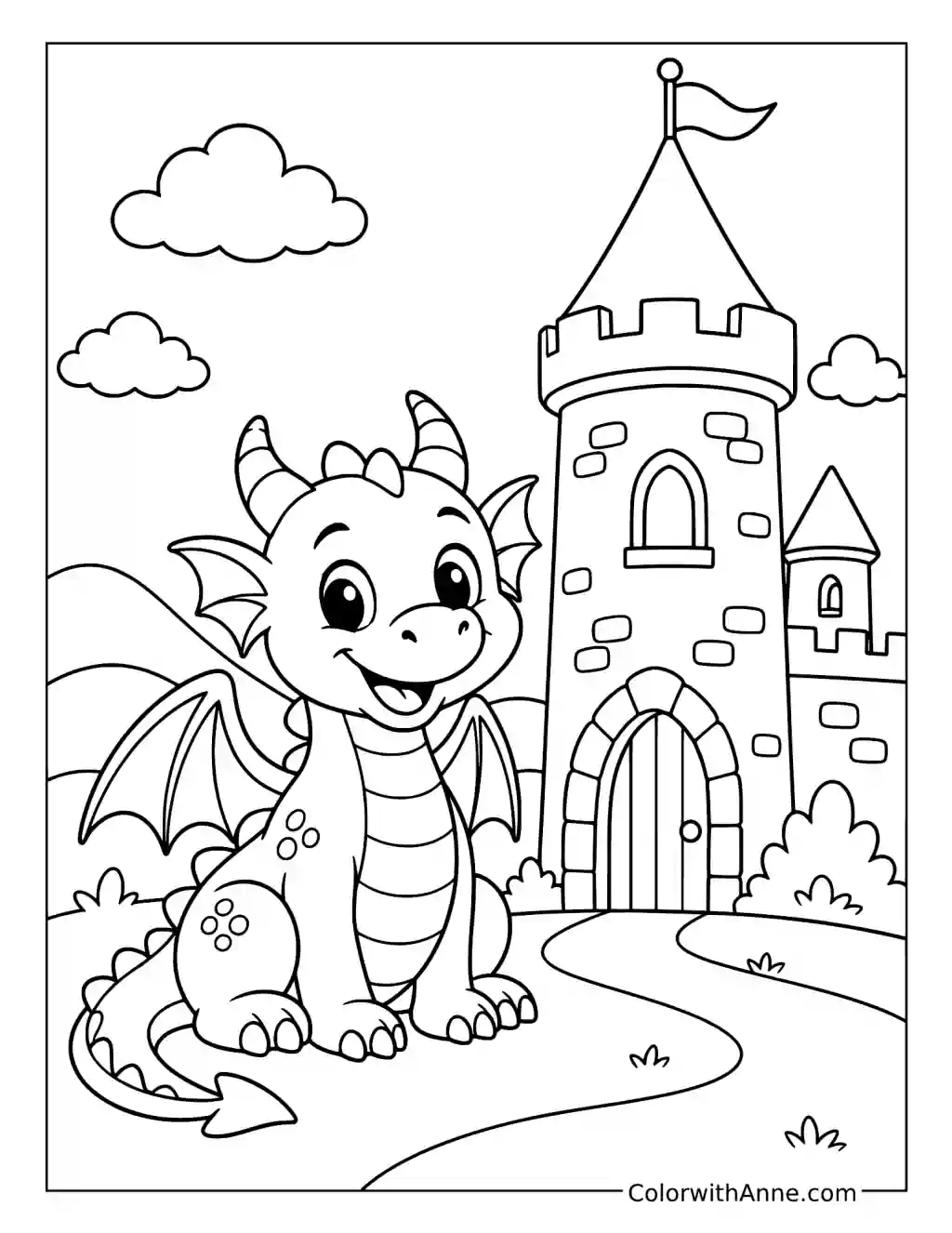 Cute Dragon and Castle coloring page