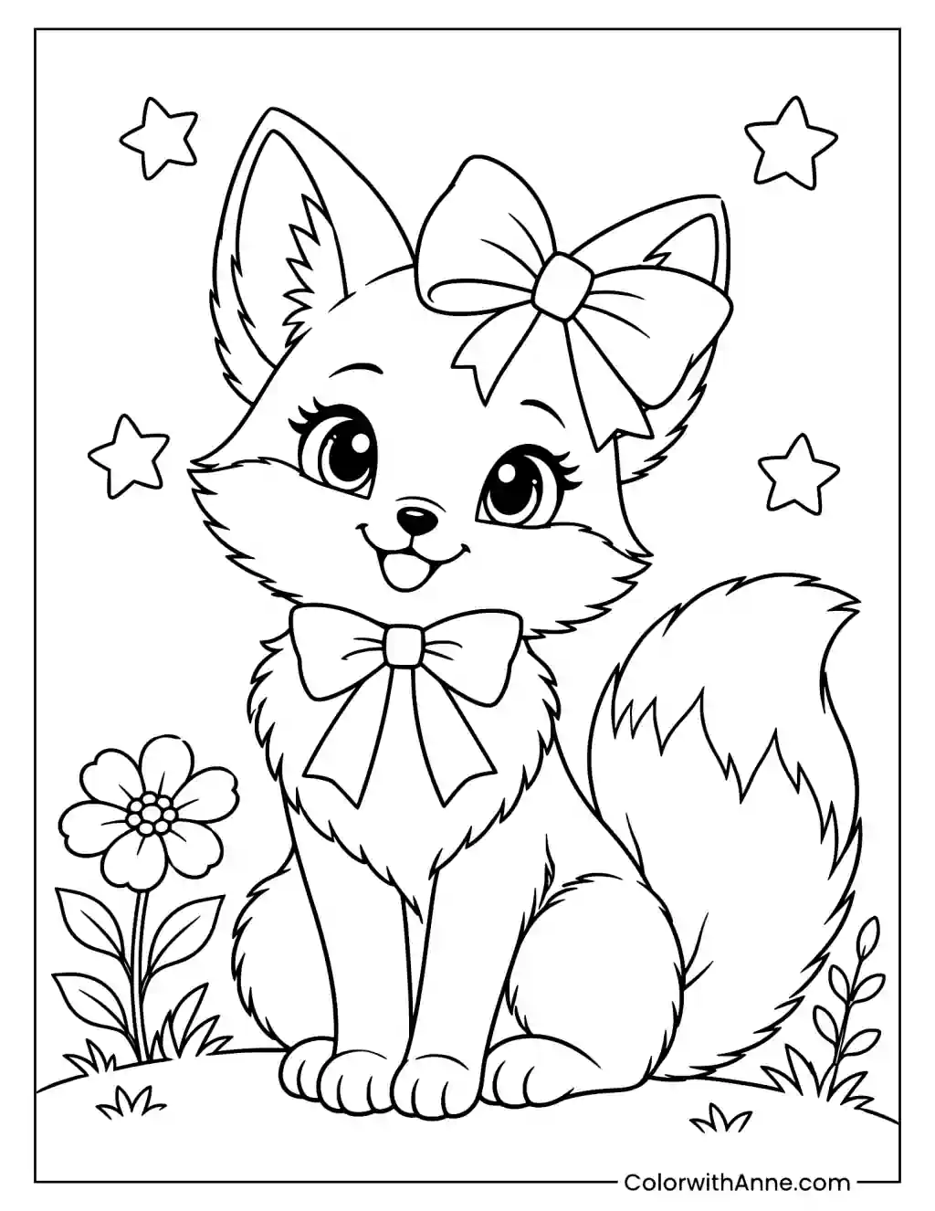 Cute Fox with a Big Bow Sitting Coloring Page