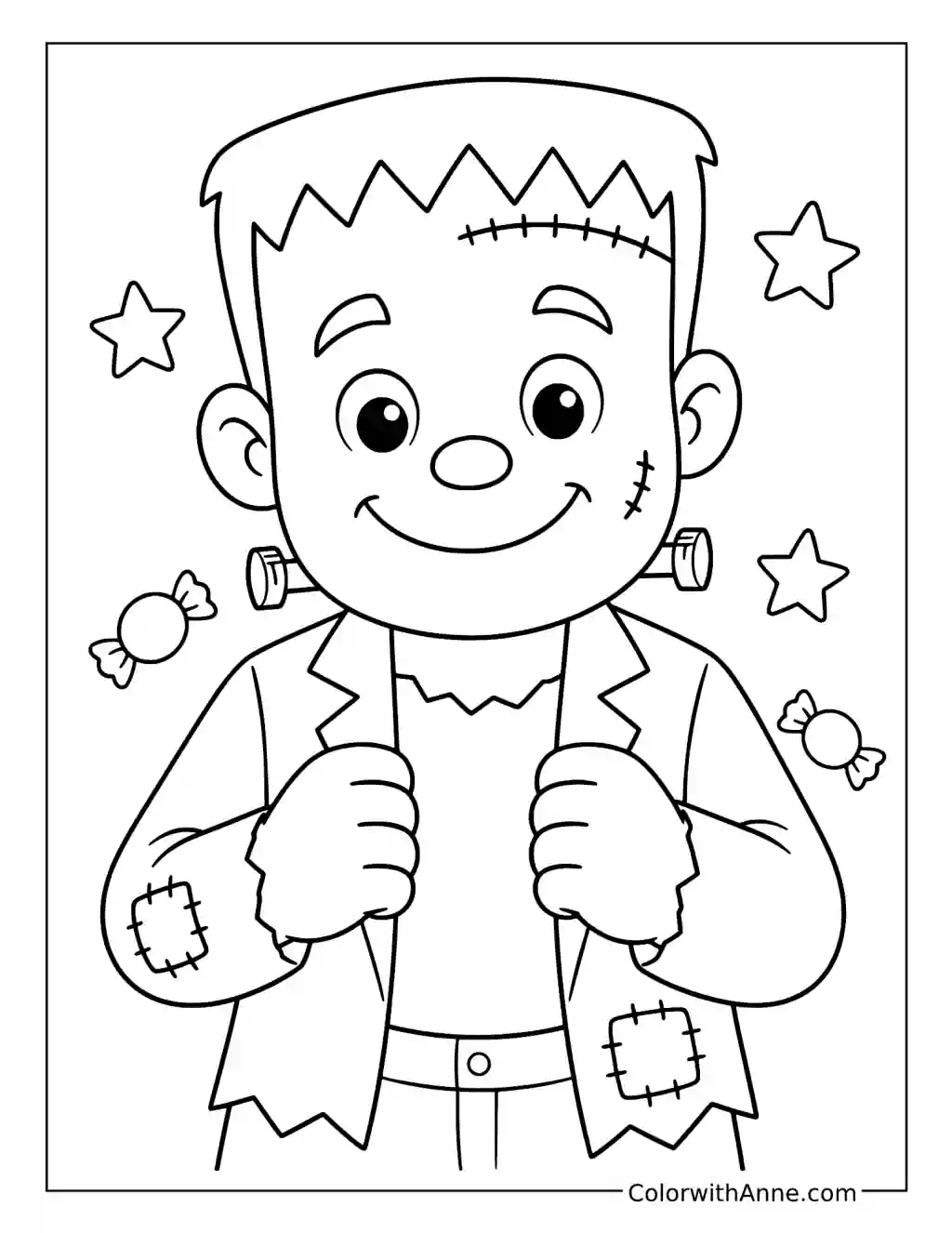 Cute Frankenstein with Candy and Stars coloring page