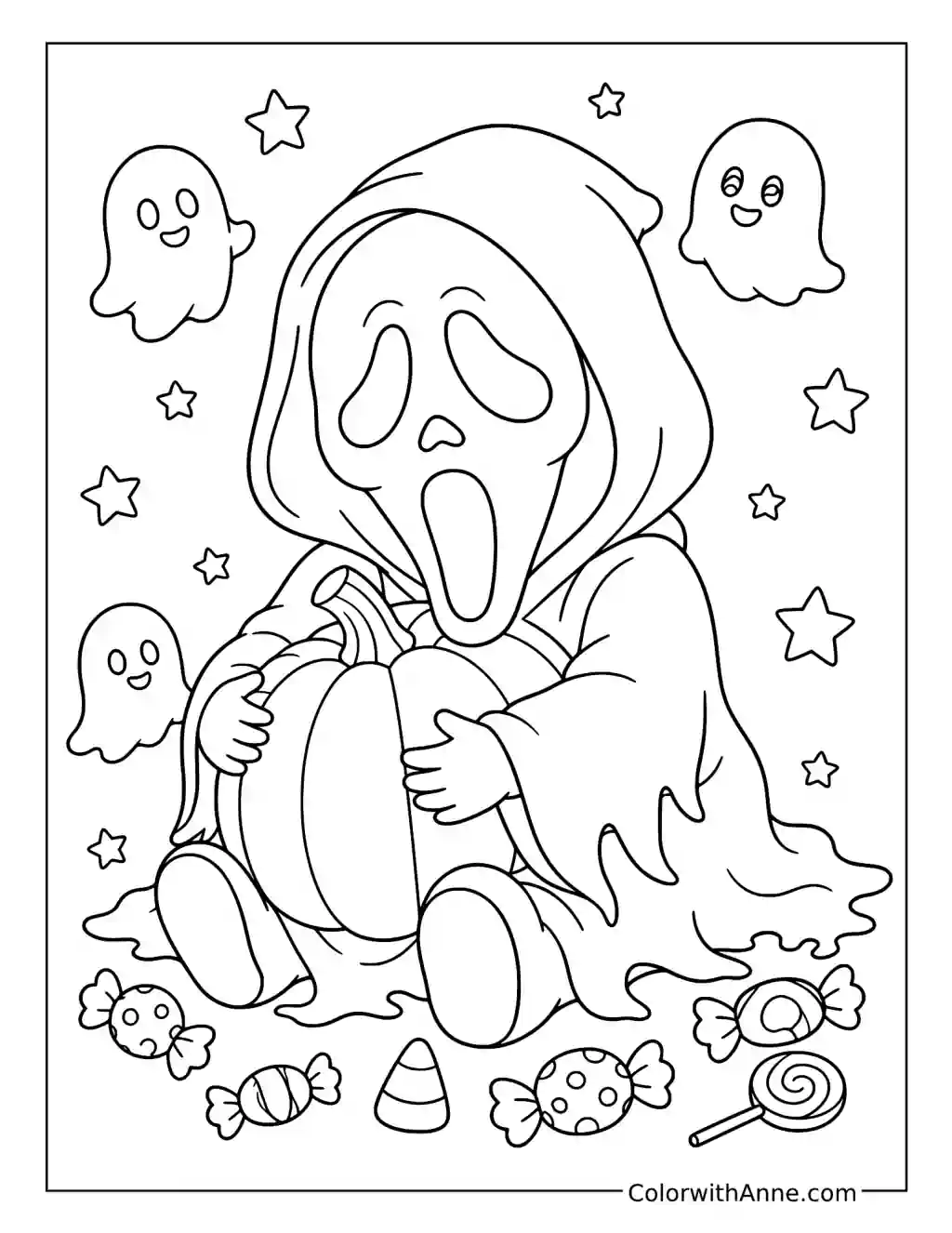Cute Ghostface Holding a Pumpkin coloring page
