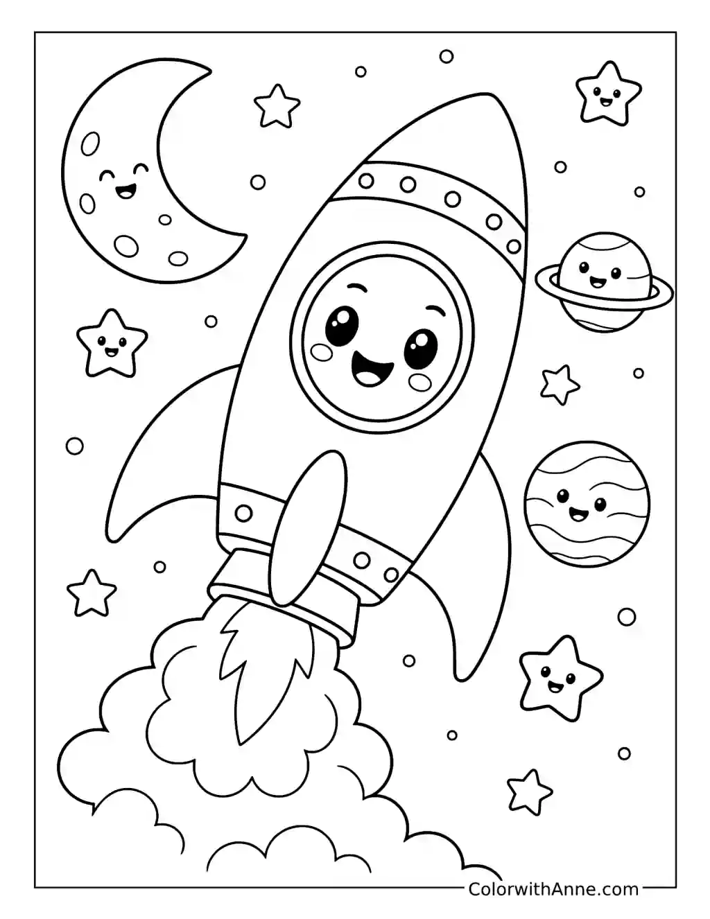 Cute Happy Rocket in Space coloring page