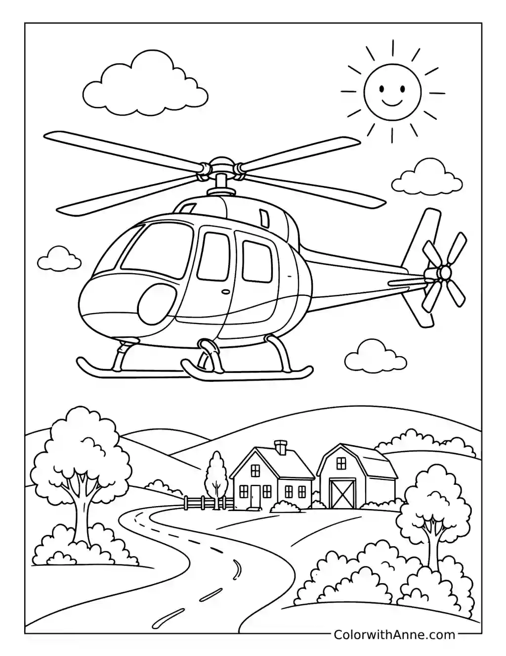 Cute Helicopter Flying Over the Countryside coloring page