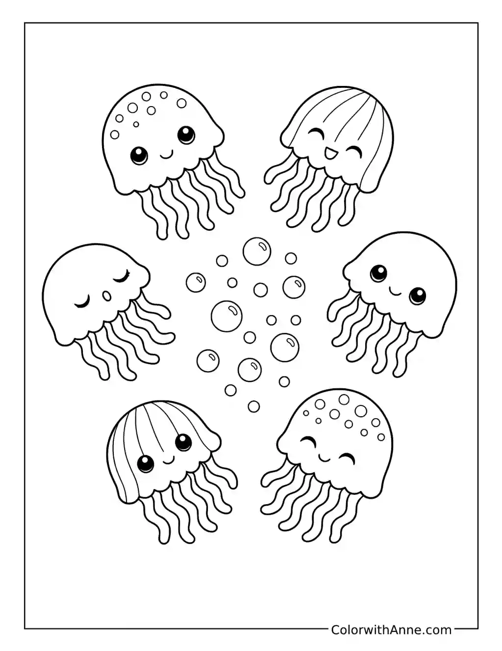 Cute Jellyfish Circle Around Bubbles coloring page