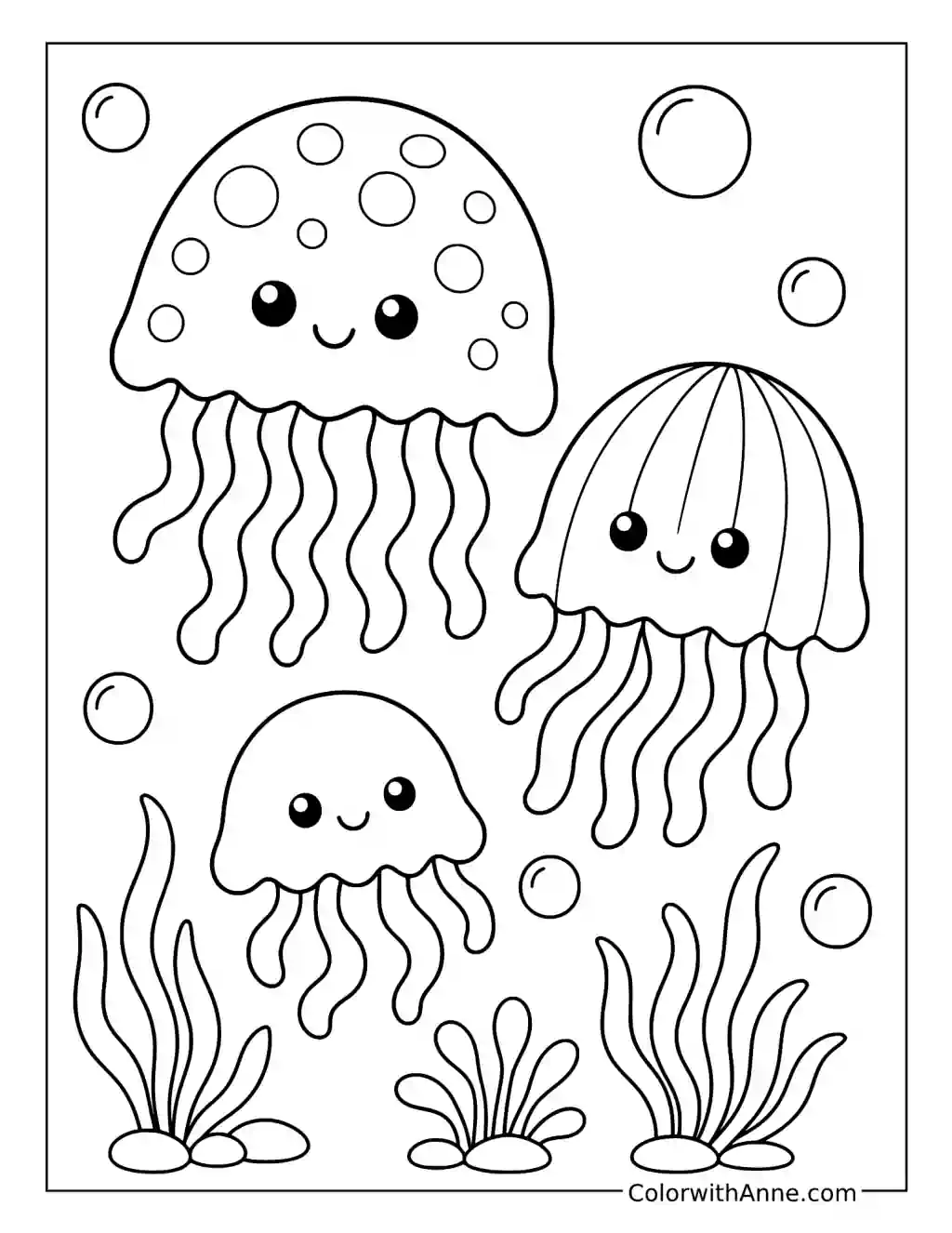 Cute Jellyfish Family Above Seaweed coloring page