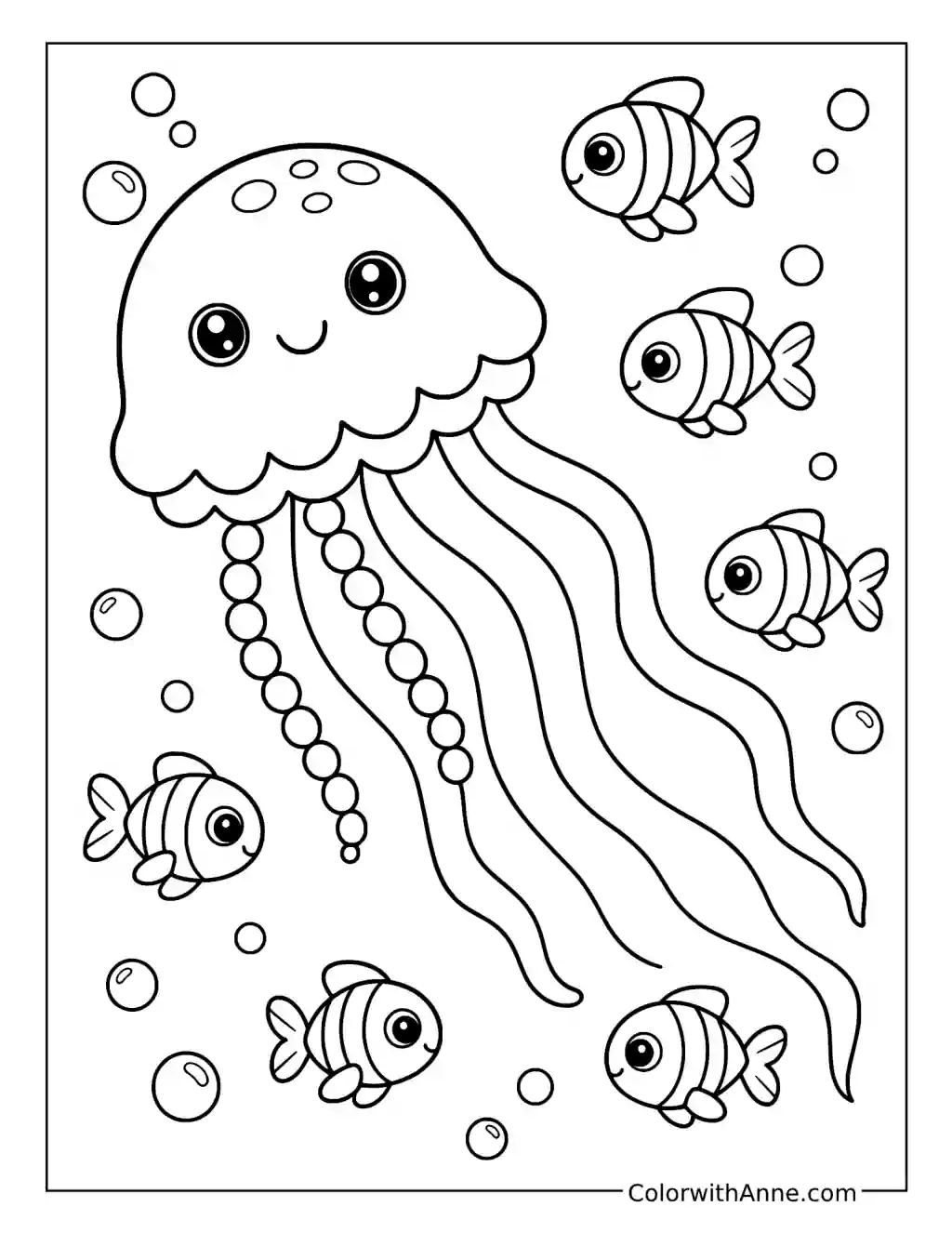 Cute Jellyfish Swimming with Striped Fish coloring page