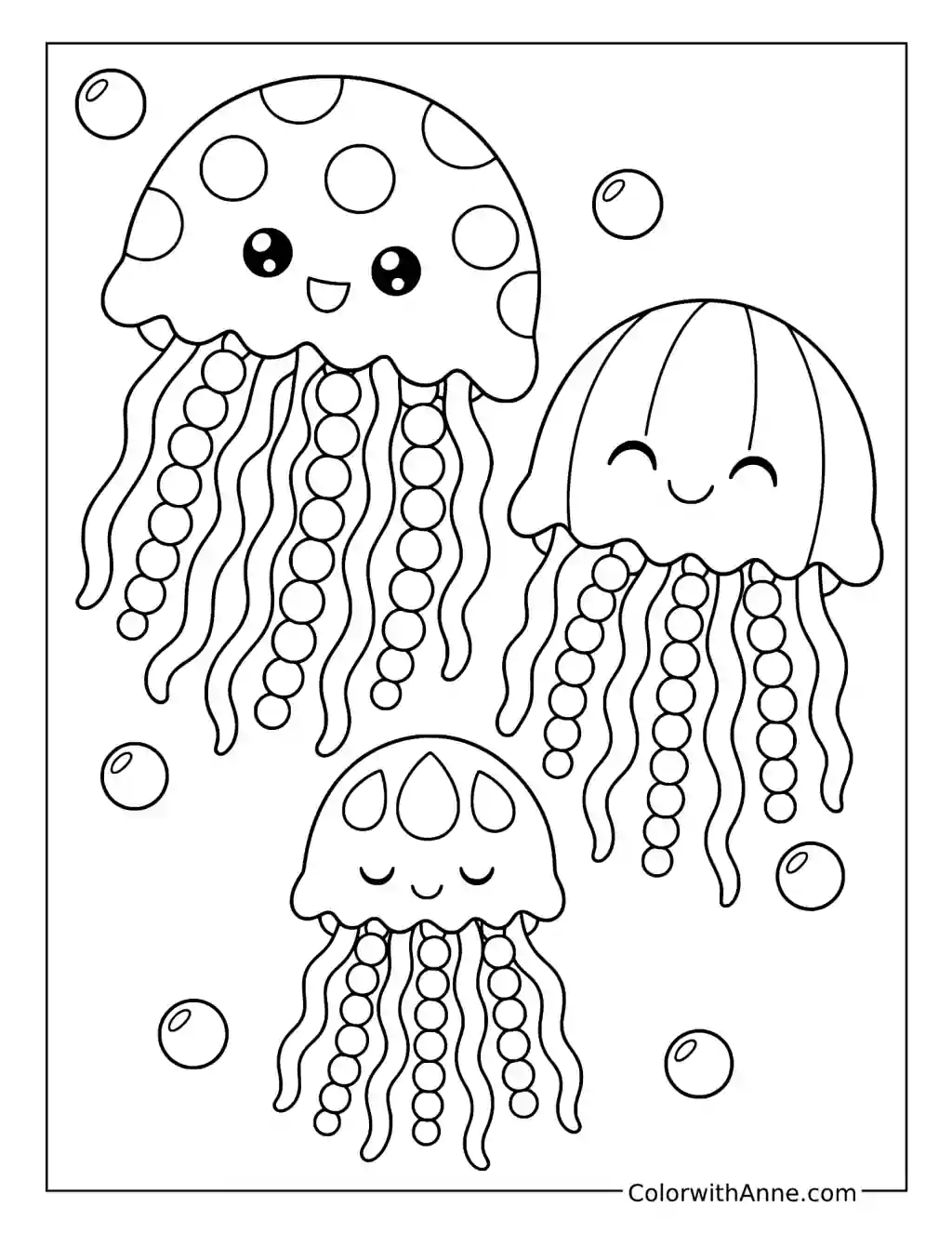 Cute Jellyfish Trio with Beaded Tentacles coloring page