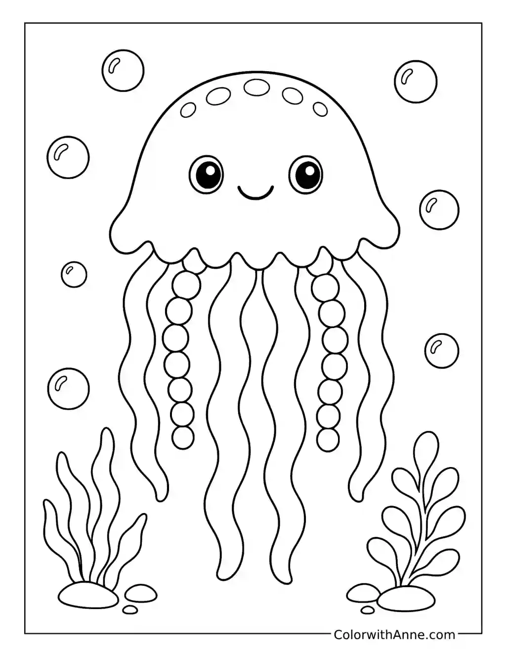 Cute Jellyfish with Beaded Tentacles and Seaweed coloring page