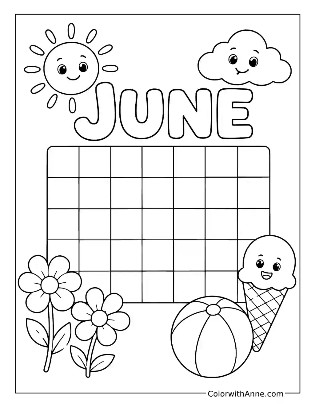 Cute June Calendar coloring page