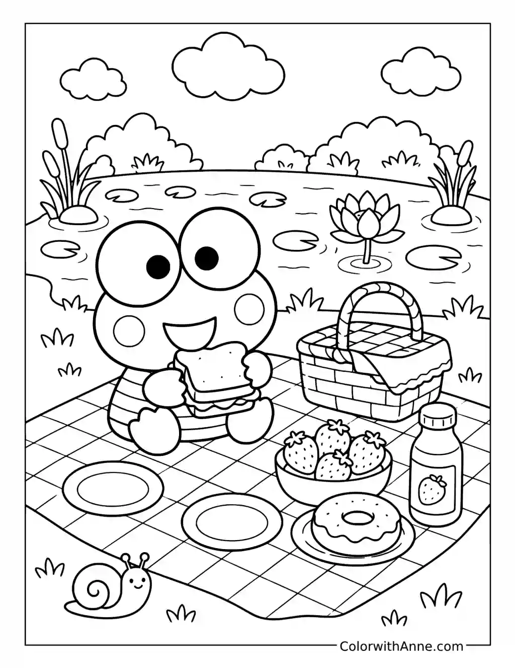 Cute Keroppi at a Pond Picnic coloring page