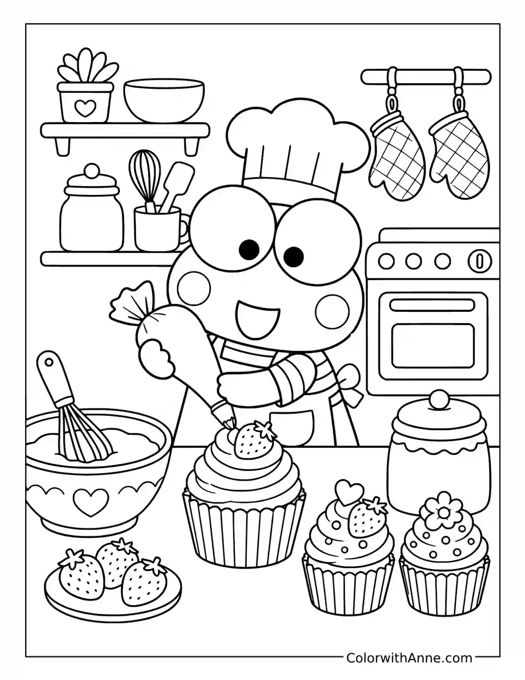 Cute Keroppi Baking Cupcakes coloring page