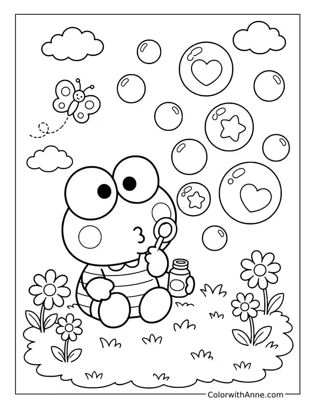 Cute Keroppi Blowing Bubbles coloring page