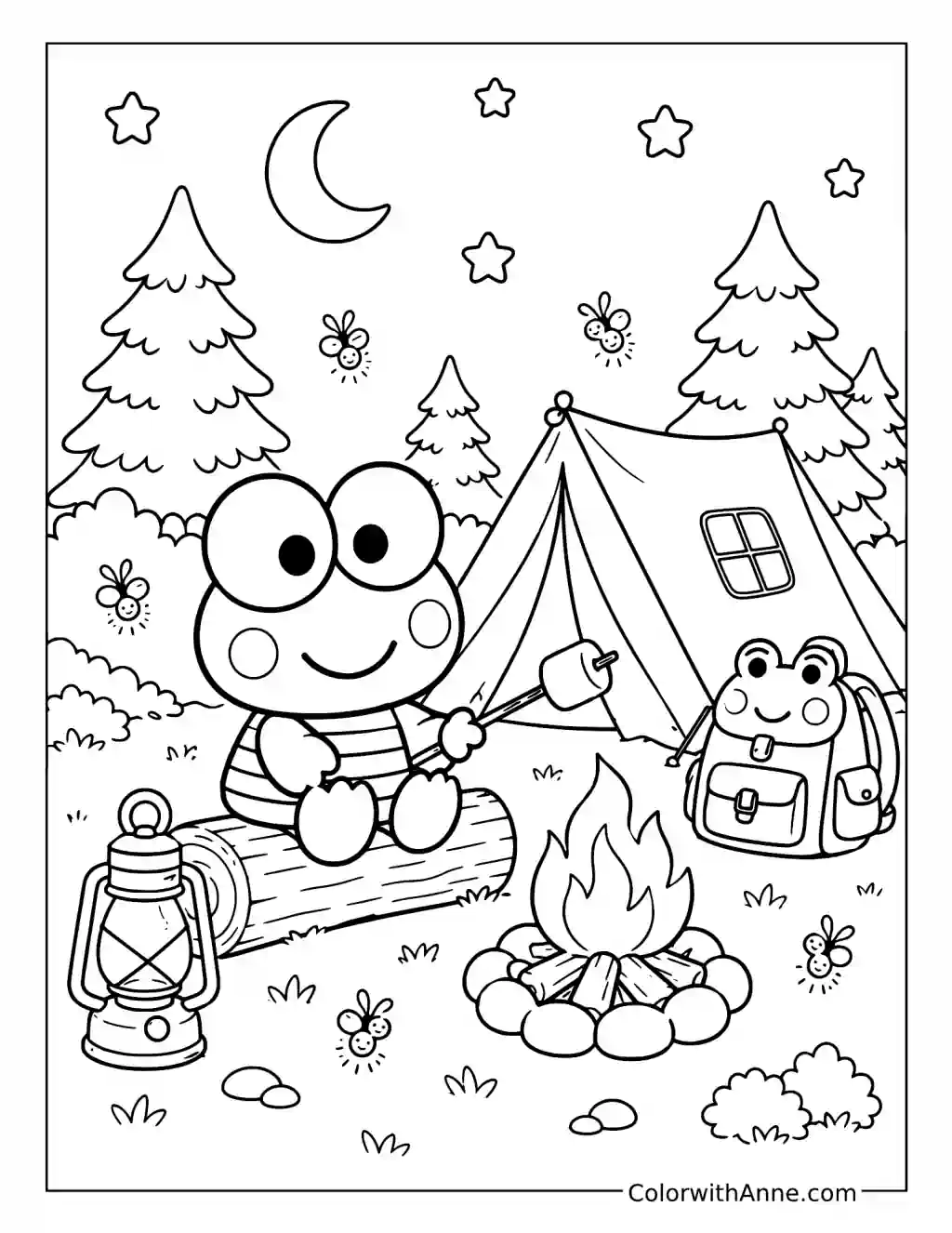 Cute Keroppi Camping Under the Stars coloring page