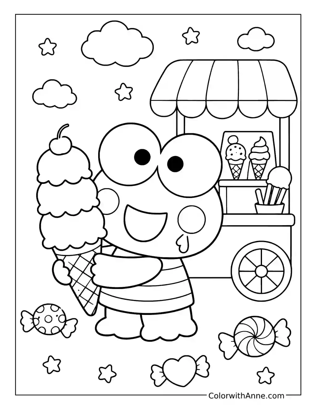 Cute Keroppi Eating Ice Cream coloring page