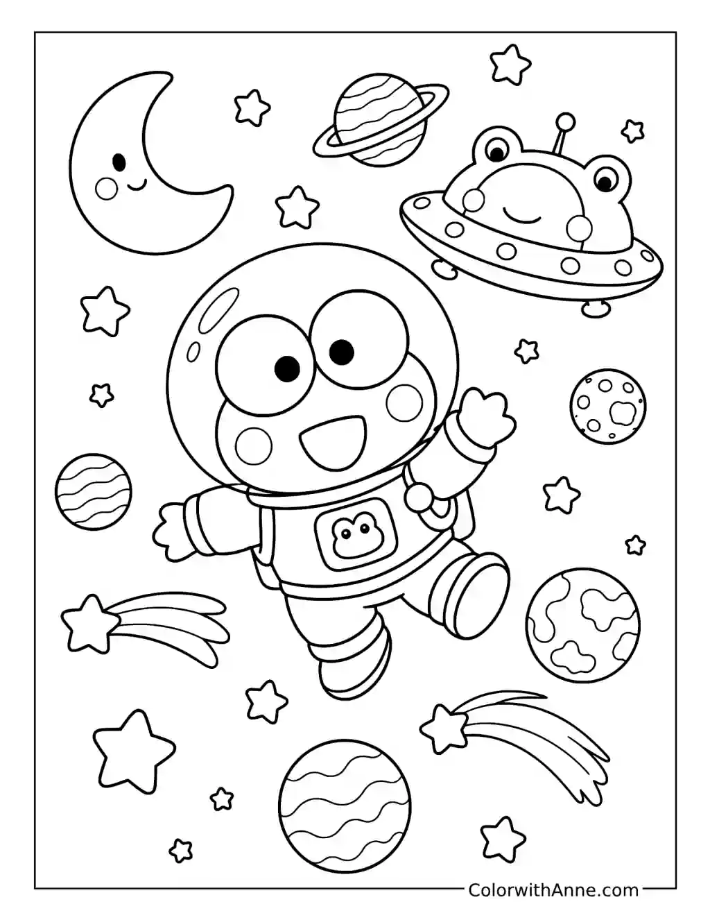 Cute Keroppi Flying Through Space coloring page