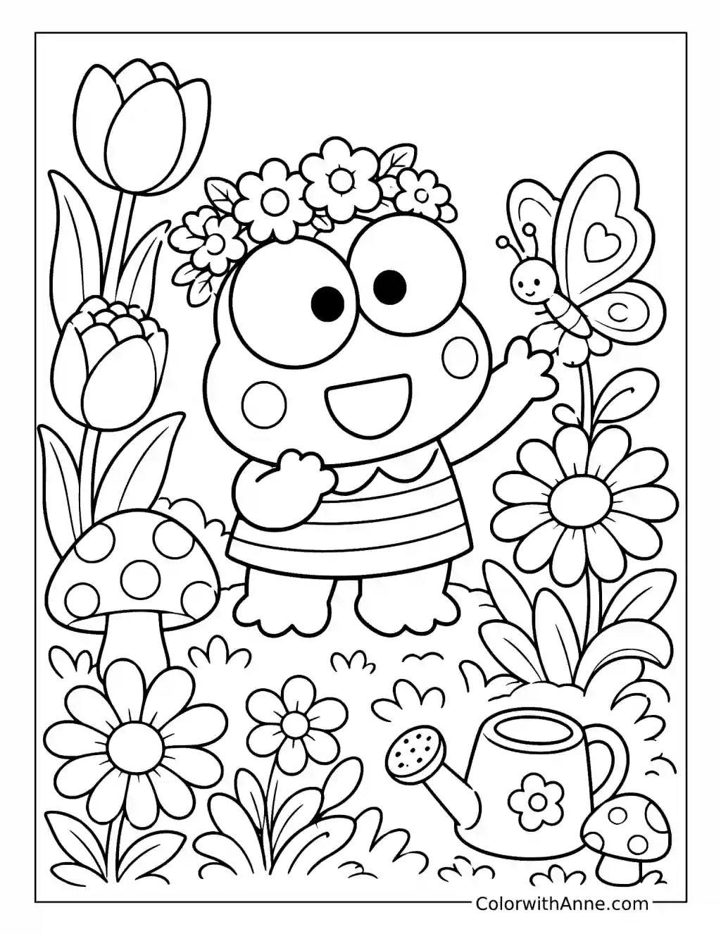 Cute Keroppi in a Flower Garden coloring page