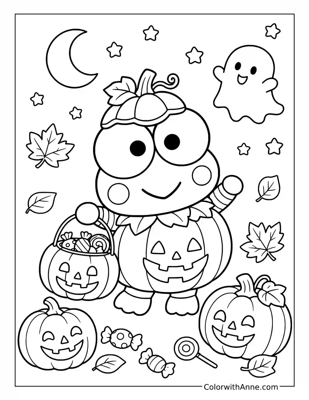 Cute Keroppi in a Pumpkin Costume coloring page