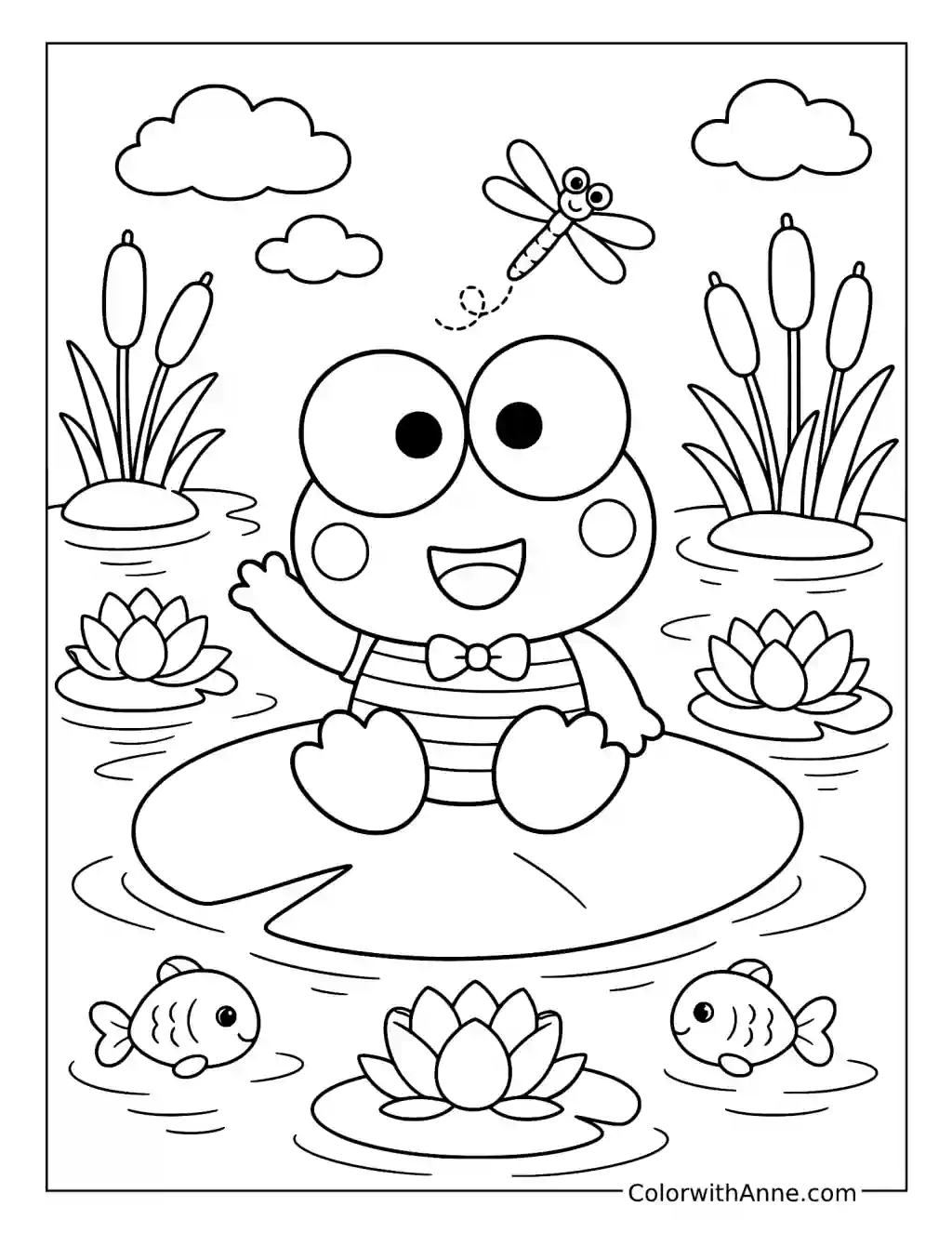 Cute Keroppi on a Lily Pad coloring page