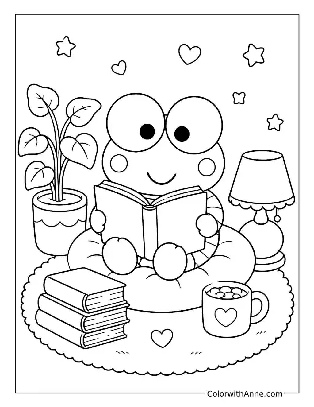 Cute Keroppi Reading a Book coloring page