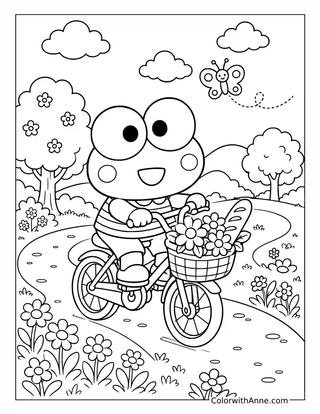 Cute Keroppi Riding a Bicycle coloring page