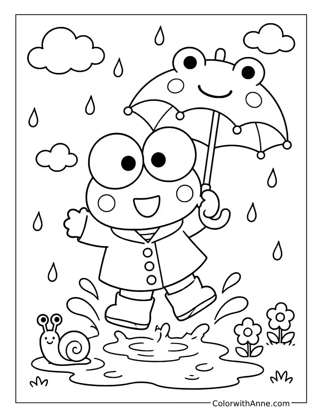 Cute Keroppi Splashing in the Rain coloring page