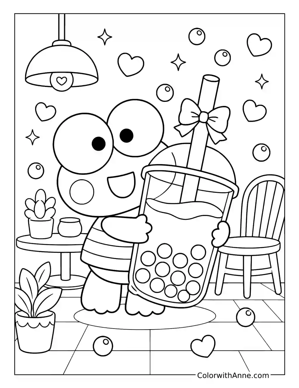 Cute Keroppi with a Boba Tea coloring page