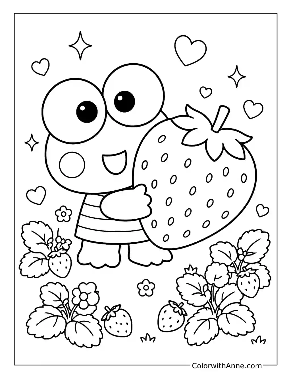 Cute Keroppi with a Strawberry coloring page