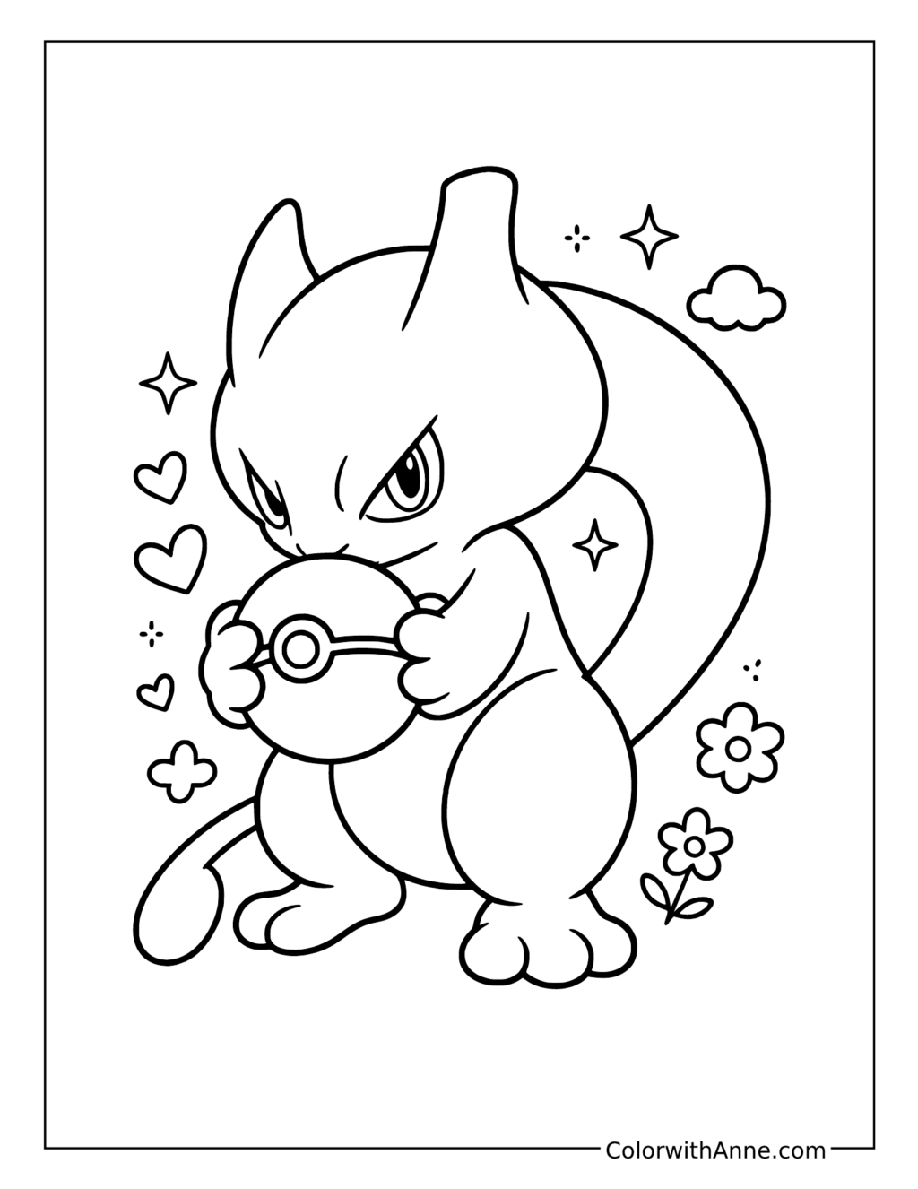 Cute Mewtwo Holding a Poké Ball coloring page