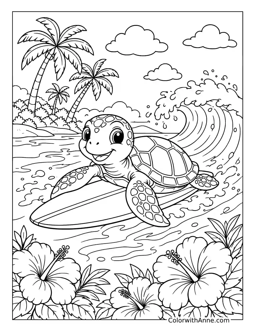 Cute Sea Turtle Surfing coloring page