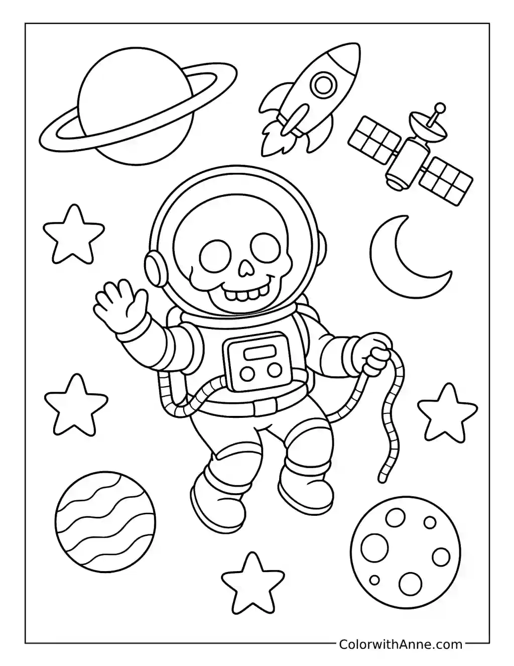 Cute Skeleton Astronaut Floating in Space coloring page