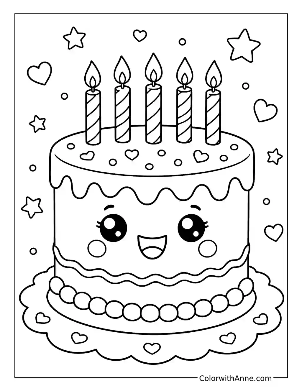 Cute Smiling Birthday Cake with Hearts coloring page
