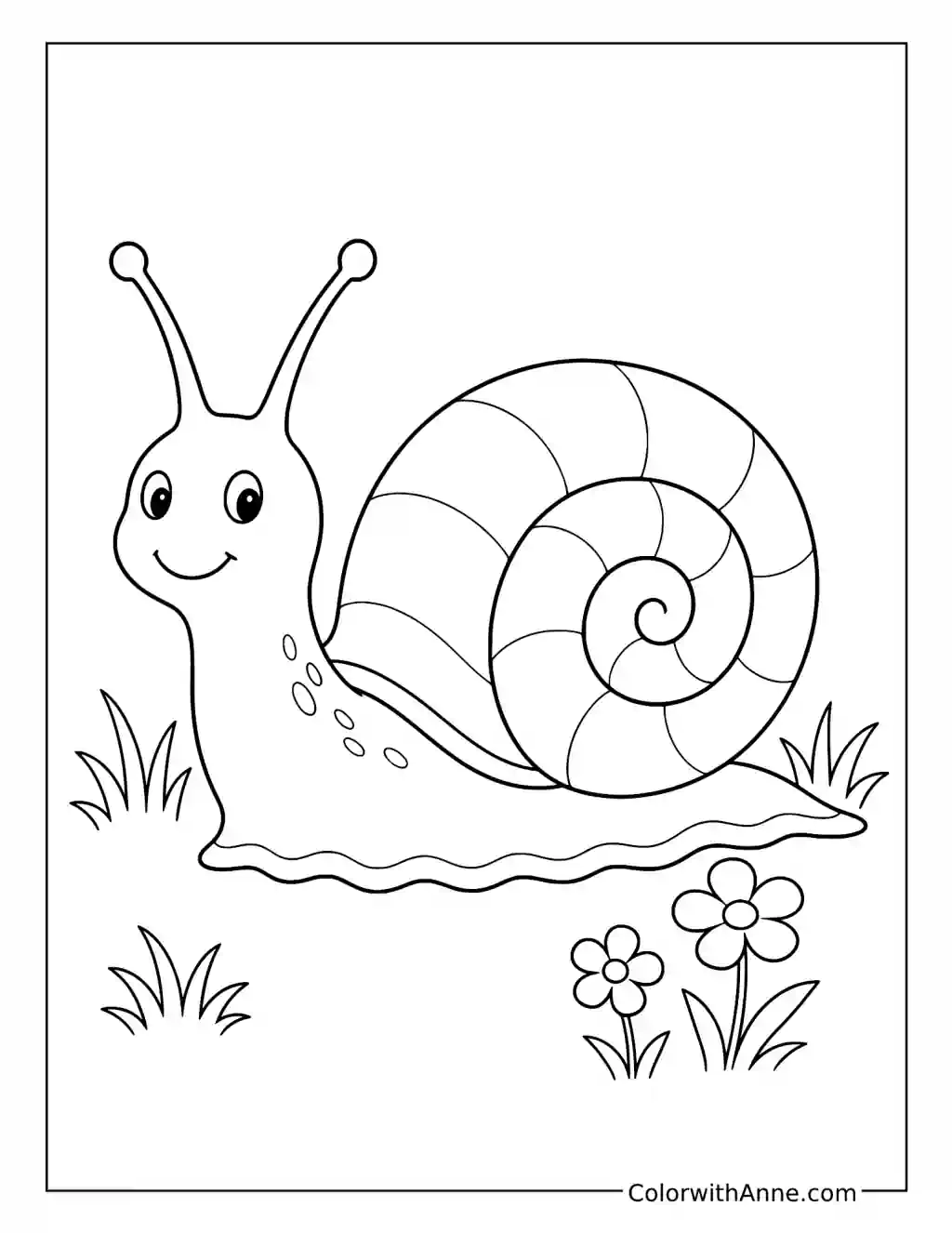 Cute Smiling Snail in a Flower Meadow coloring page
