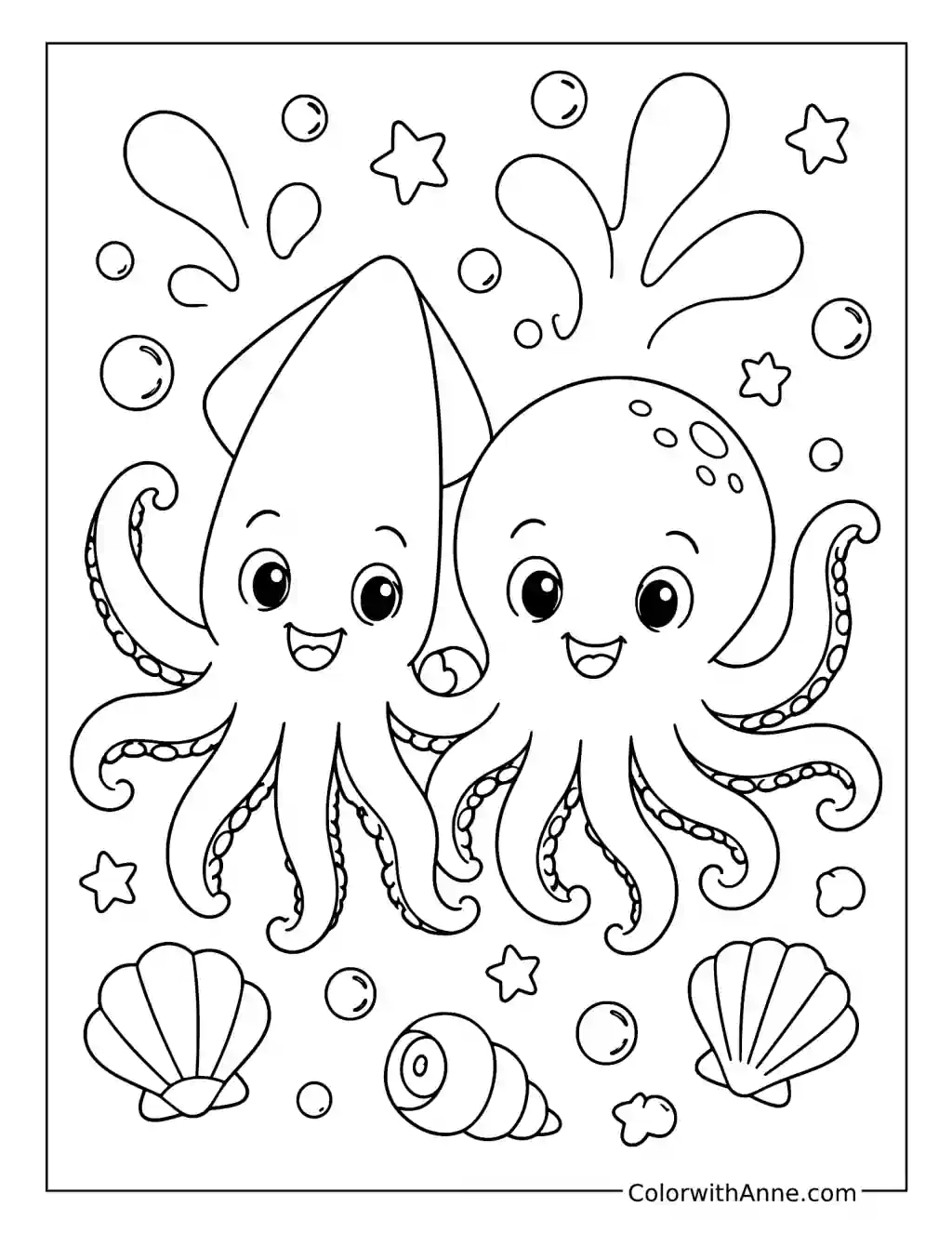 Cute Splatoon Squid and Octopus coloring page
