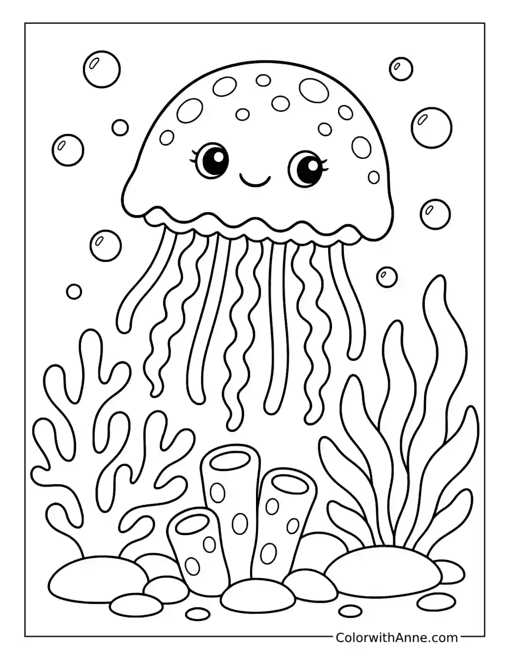 Cute Spotted Jellyfish Above Coral and Tube Sponges coloring page