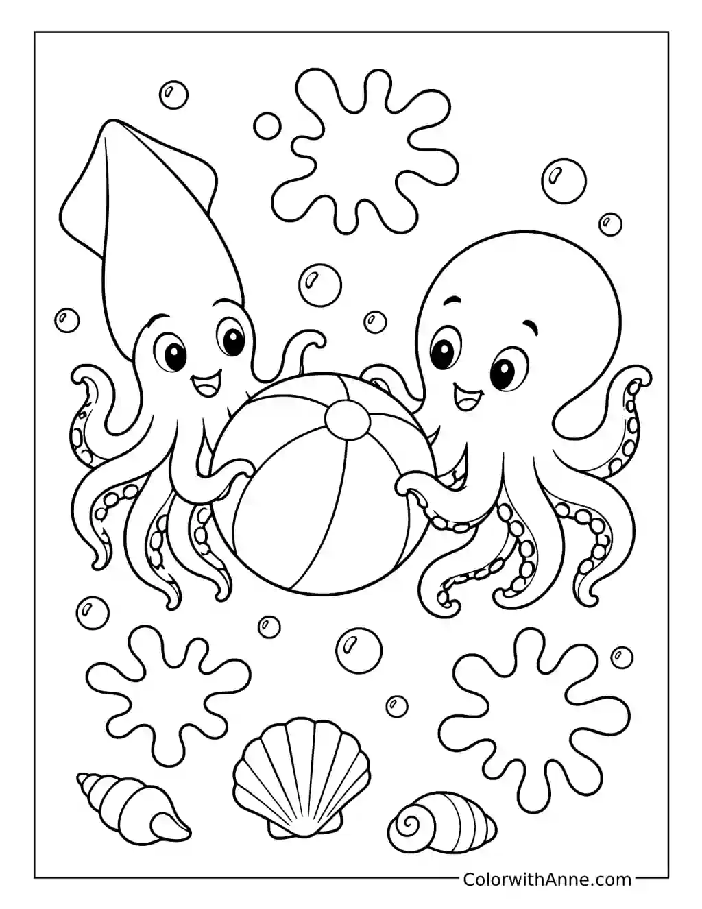 Cute Squid and Octopus Beach Ball coloring page