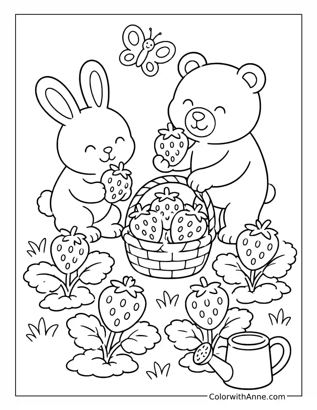Cute Strawberry Picking Friends coloring page