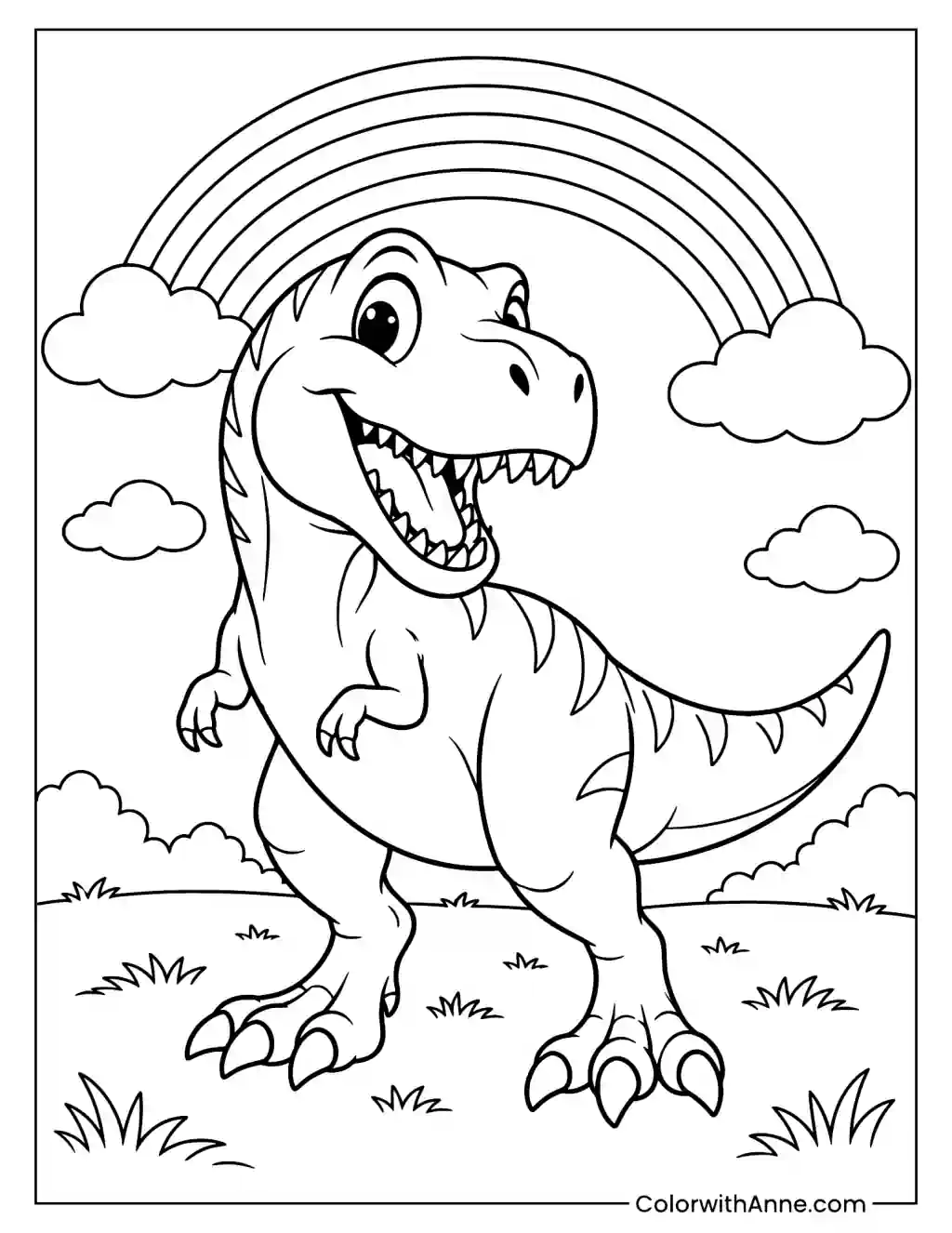 Cute T-Rex Under a Rainbow Coloring Page