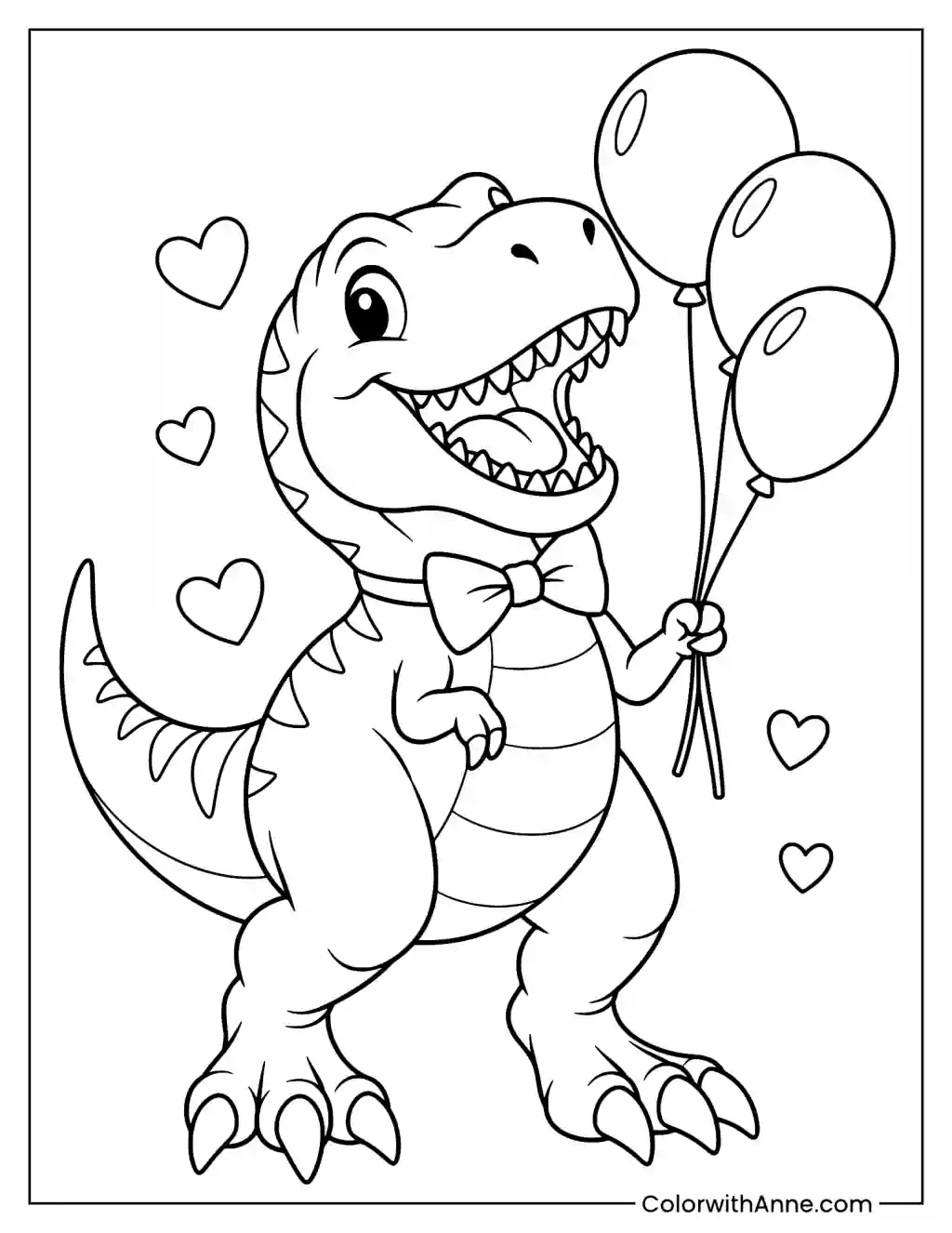 Cute T-rex with a Bow and Balloons Coloring Page