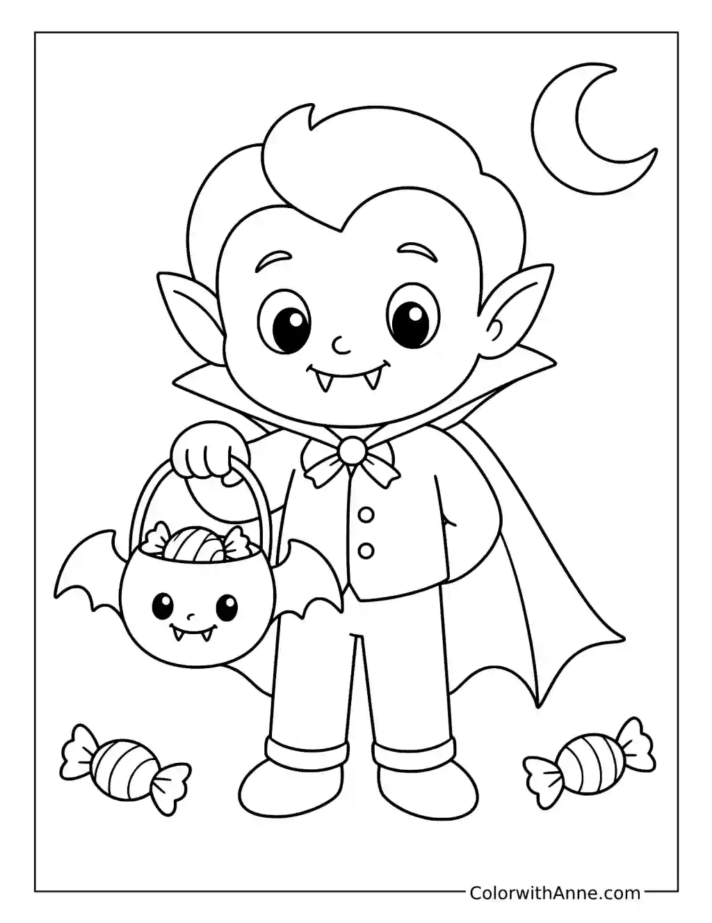 Cute Vampire with a Candy Bucket coloring page