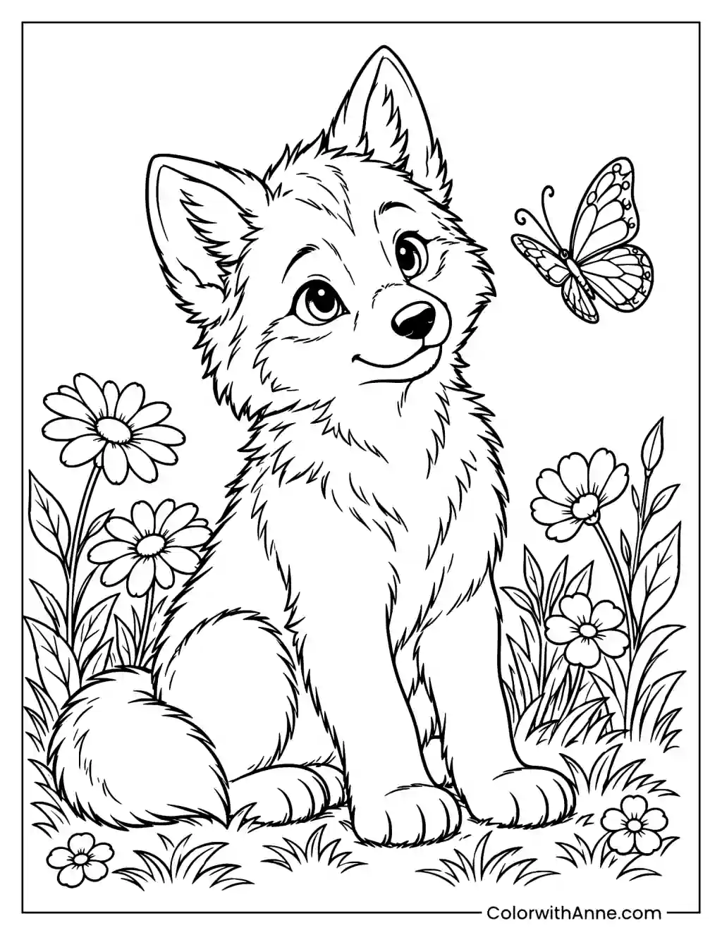 Cute Wolf Cub Surrounded by Flowers and Butterflies Coloring Page