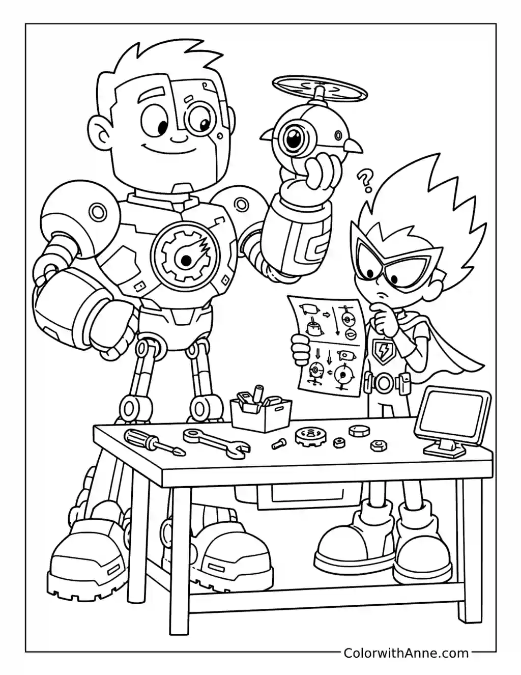 Cyborg and Robin Build a Flying Drone Coloring Page