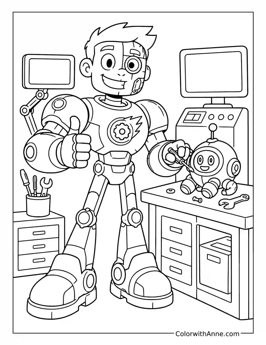 Cyborg Repairs a Small Robot in His Workshop Coloring Page