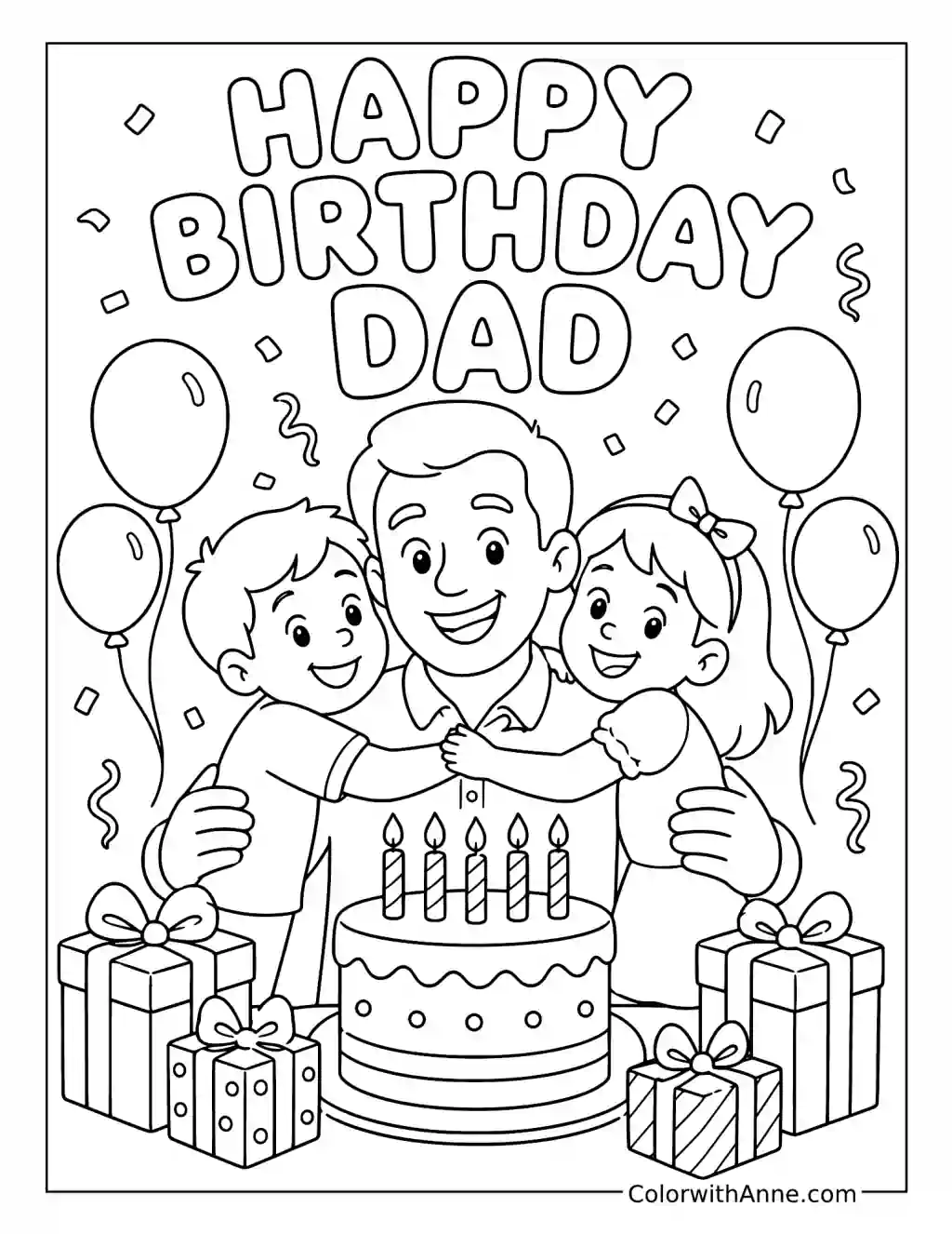 Dad and Kids Birthday Hug coloring page