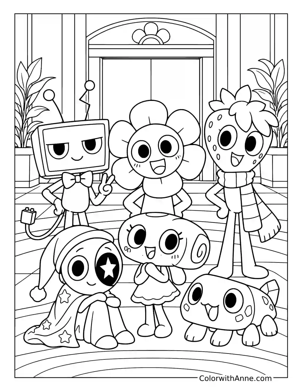 Vee, Dandy, Sprout, Astro, Shelly, and Pebble gather beneath an arched doorway in the Gardenview lobby.