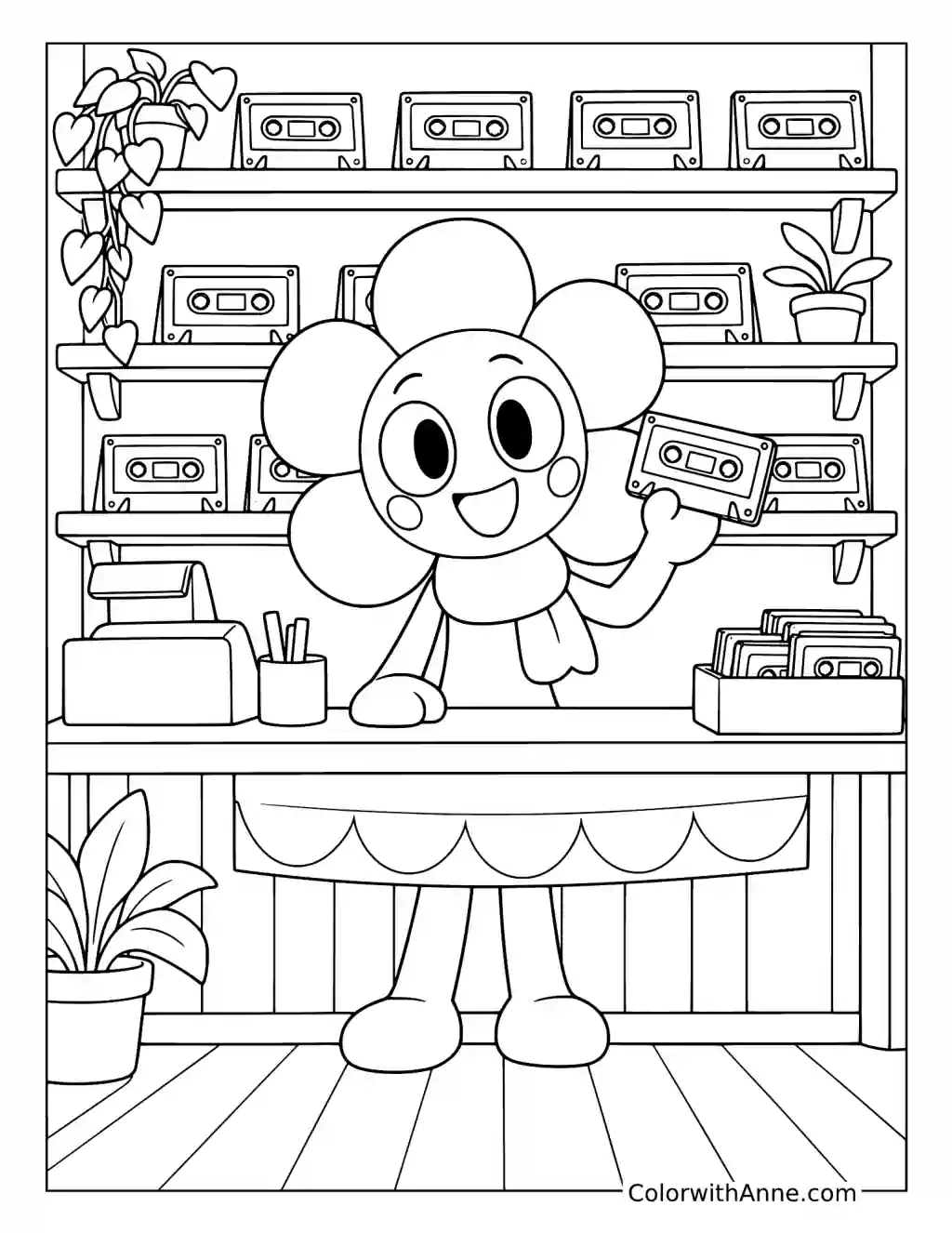 Dandy holds a cassette behind his shop counter with more tapes arranged on shelves.