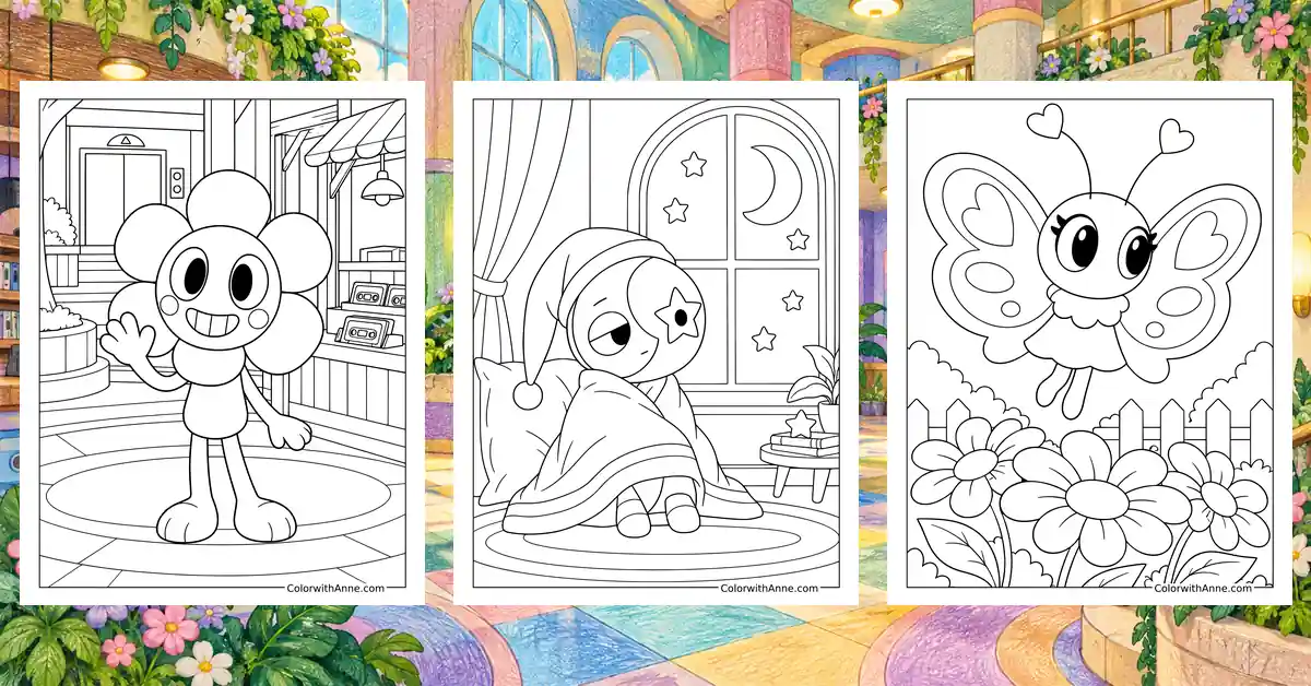 Three Dandy's World coloring sheets show Dandy, Astro, and Flutter against a colorful Gardenview inspired lobby background.