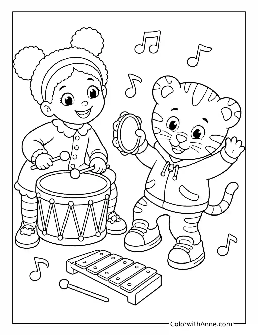 Daniel Tiger and Miss Elaina Making Music coloring page