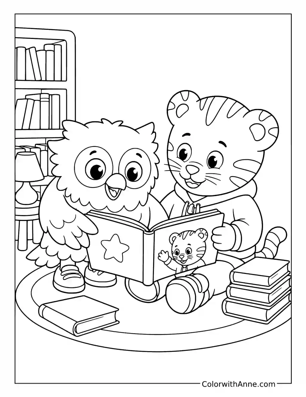 Daniel Tiger and O the Owl Reading Together coloring page