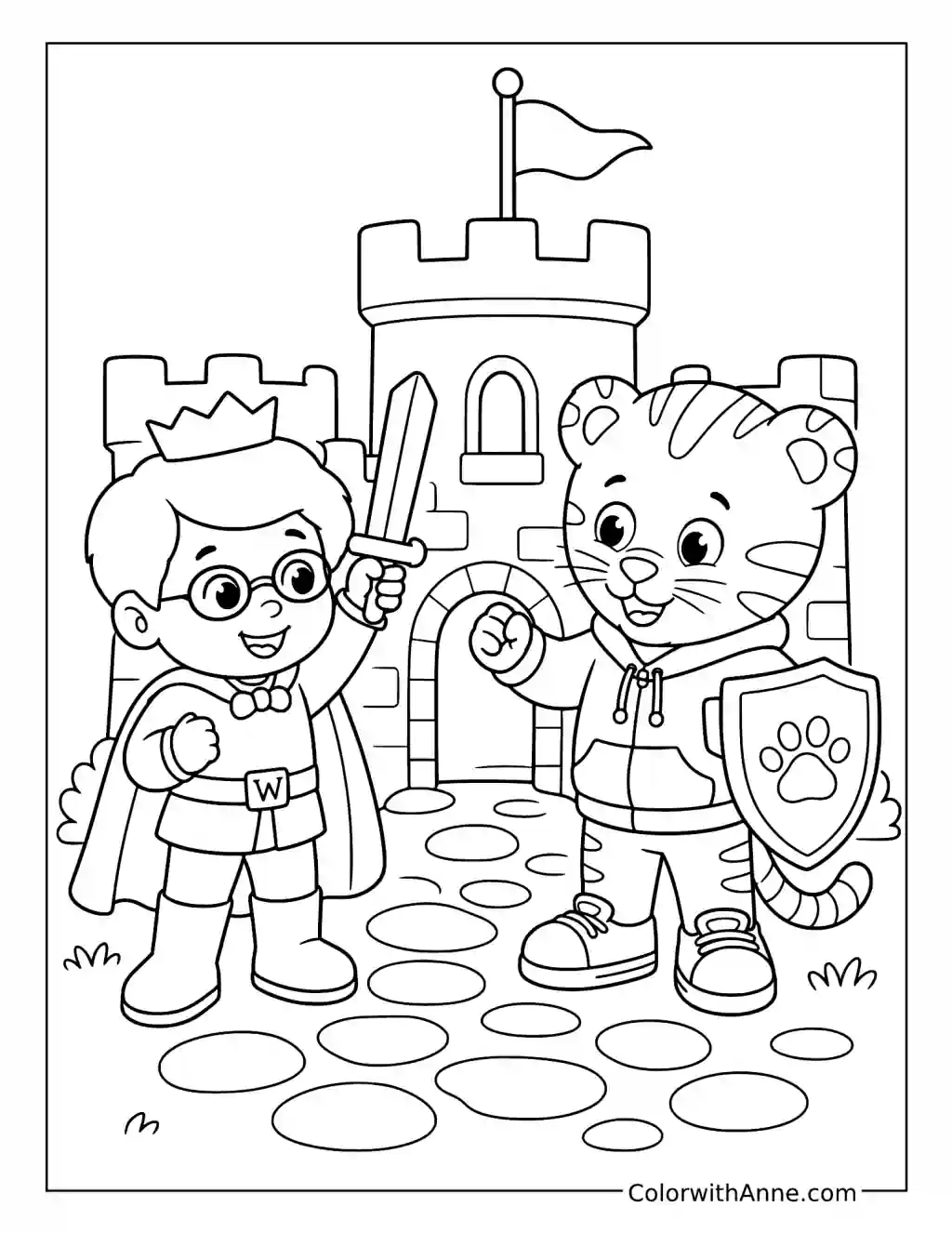 Daniel Tiger and Prince Wednesday Playing Knights coloring page